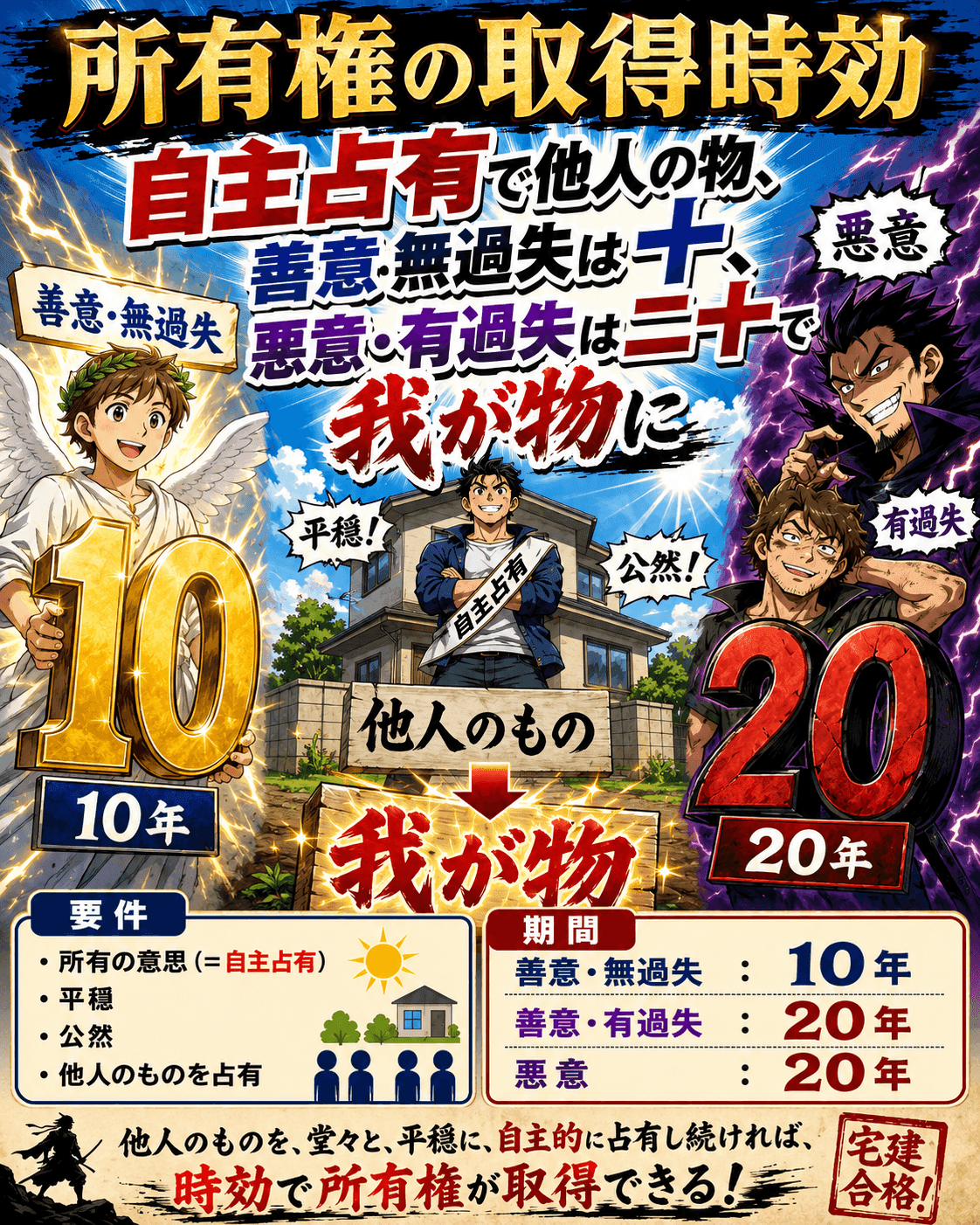 所有権の取得時効について善意無過失の10年とそれ以外の20年を比較した暗記画像