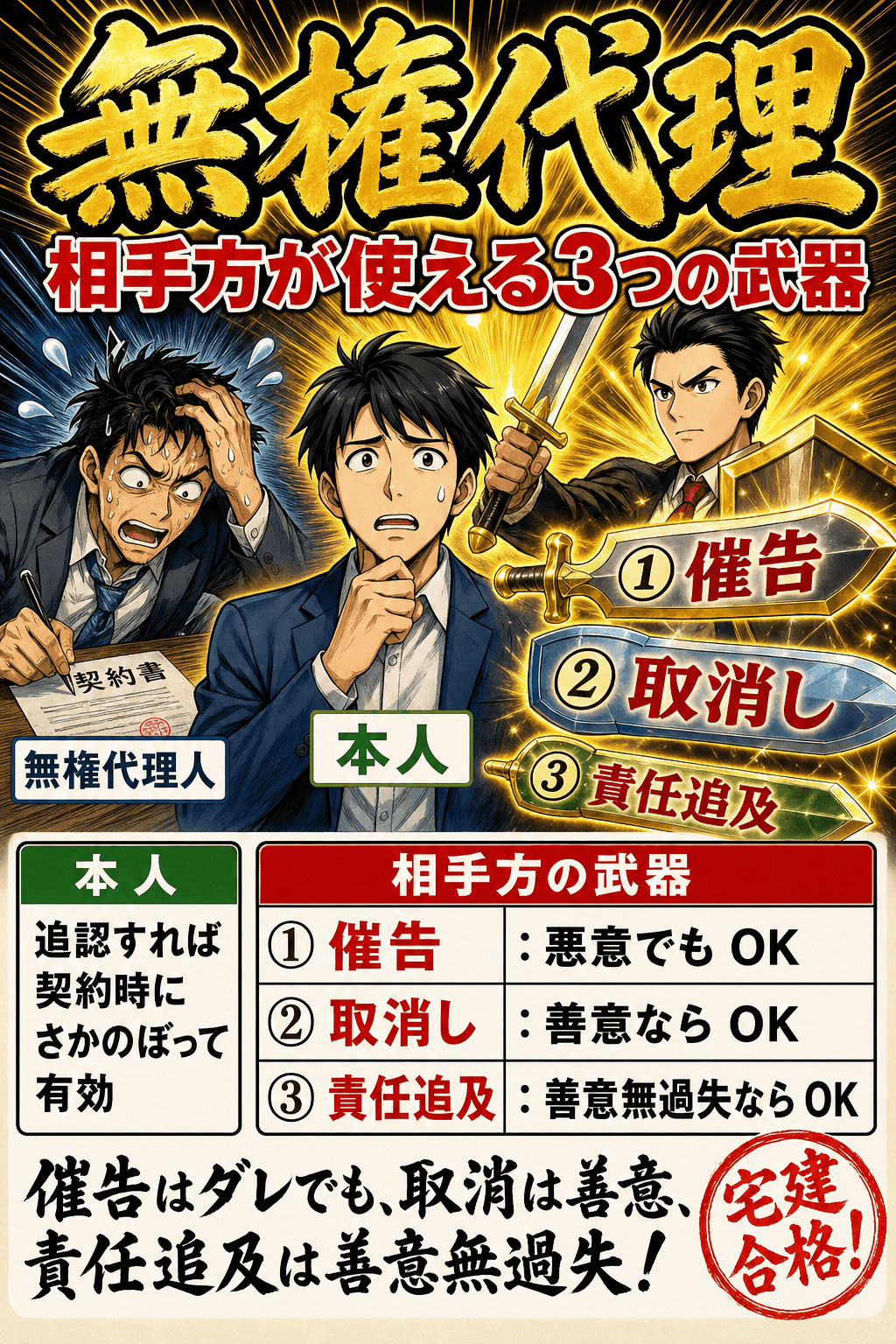 無権代理の相手方が使える催告・取消し・責任追及の要件を整理した暗記画像