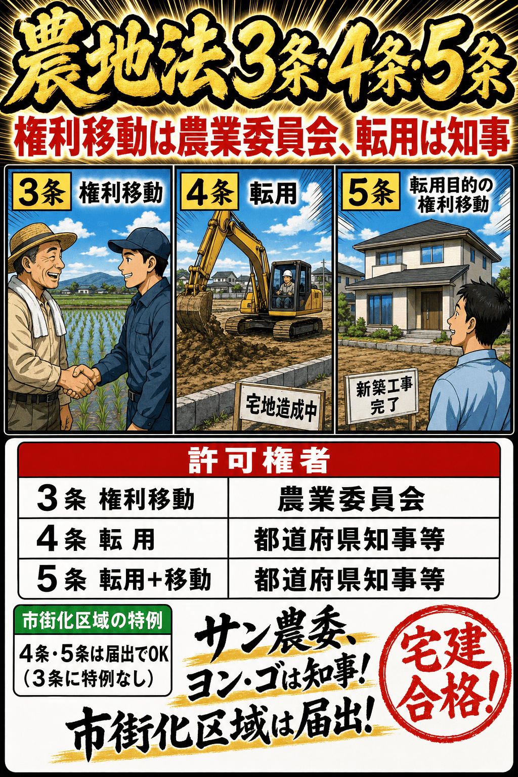 農地法3条・4条・5条の許可権者と市街化区域の特例を整理した暗記画像