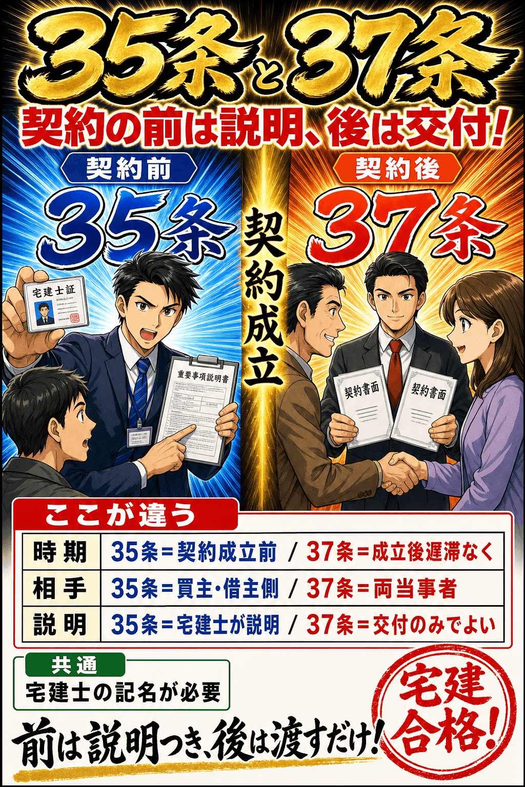 宅建業法35条の重要事項説明と37条書面を契約前後で比較した暗記画像