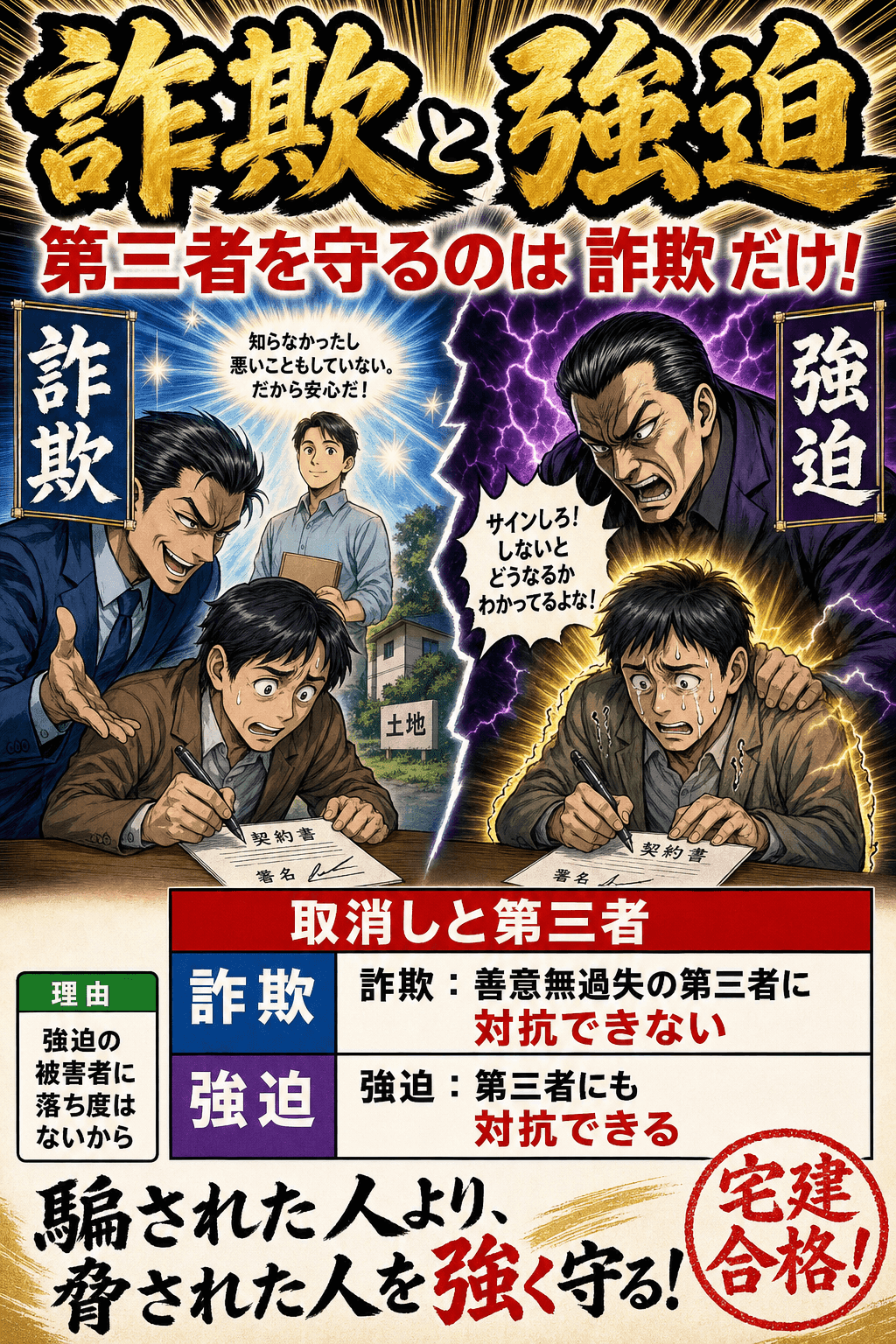 詐欺と強迫の取消しと第三者保護の違いを整理した暗記画像