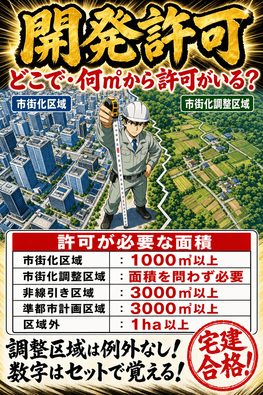 開発許可が必要になる面積を区域ごとに整理した暗記画像