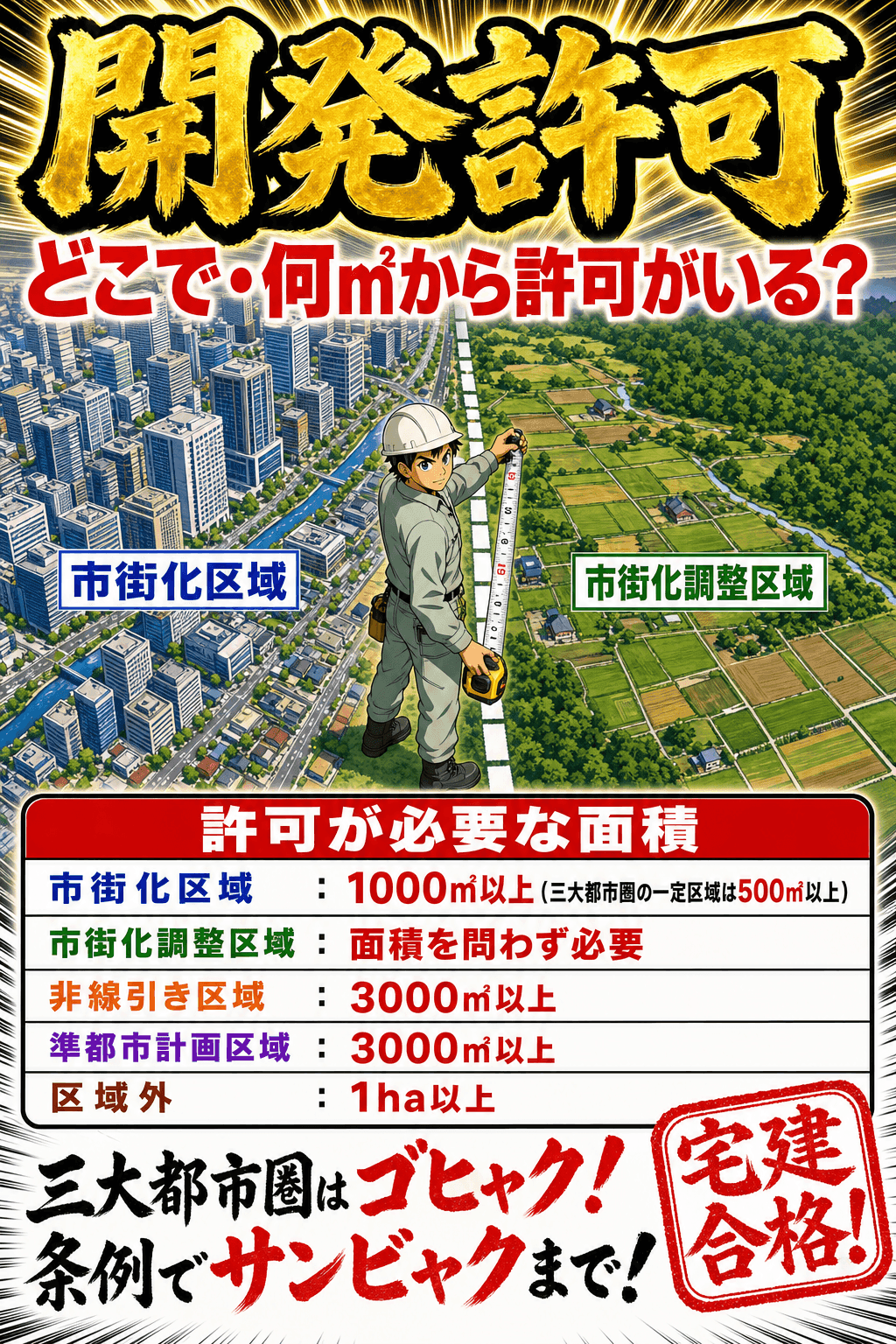 開発許可が必要になる面積を区域ごとに整理した暗記画像