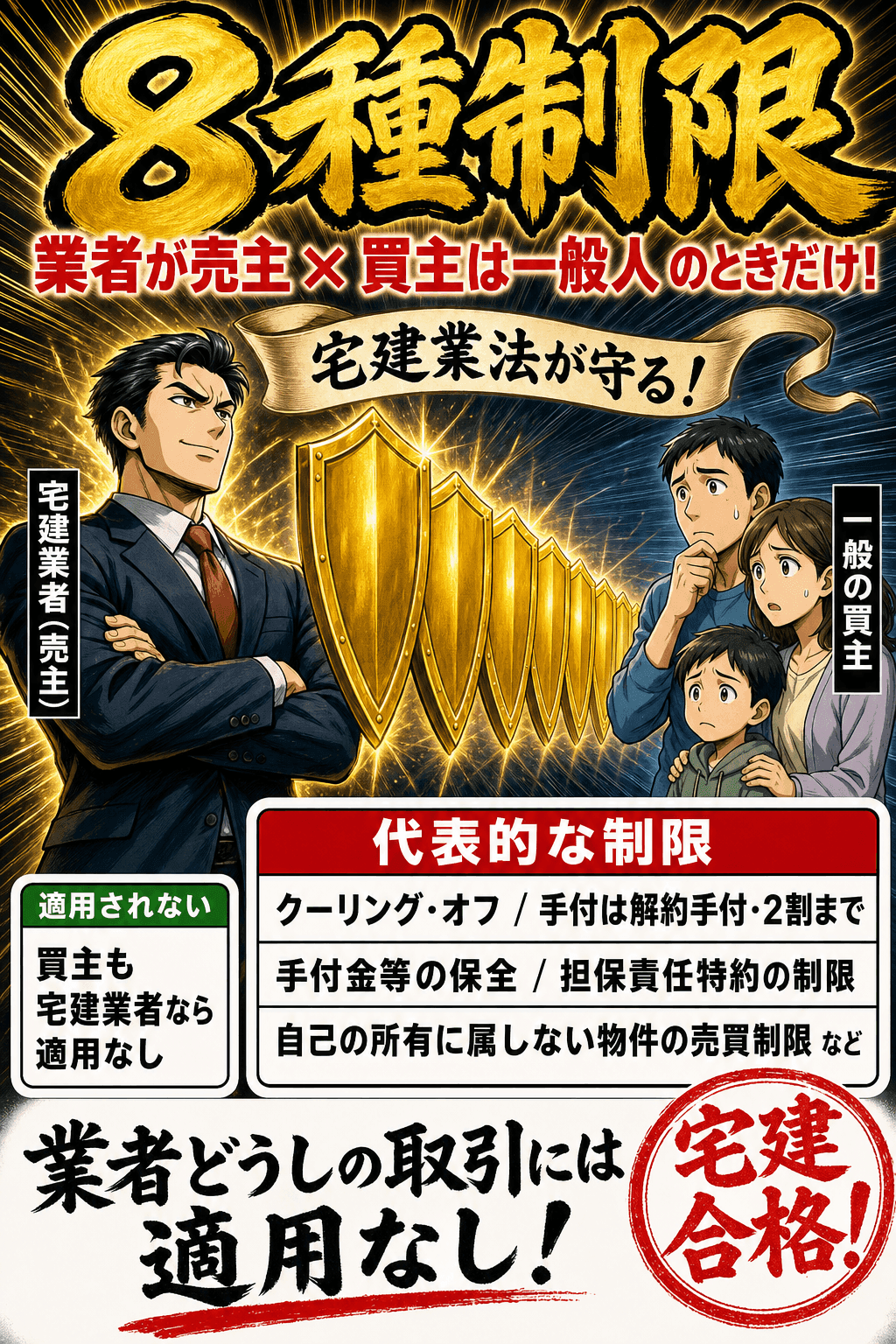 宅建業者が自ら売主となる場合の8種制限を8枚の盾で表した暗記画像