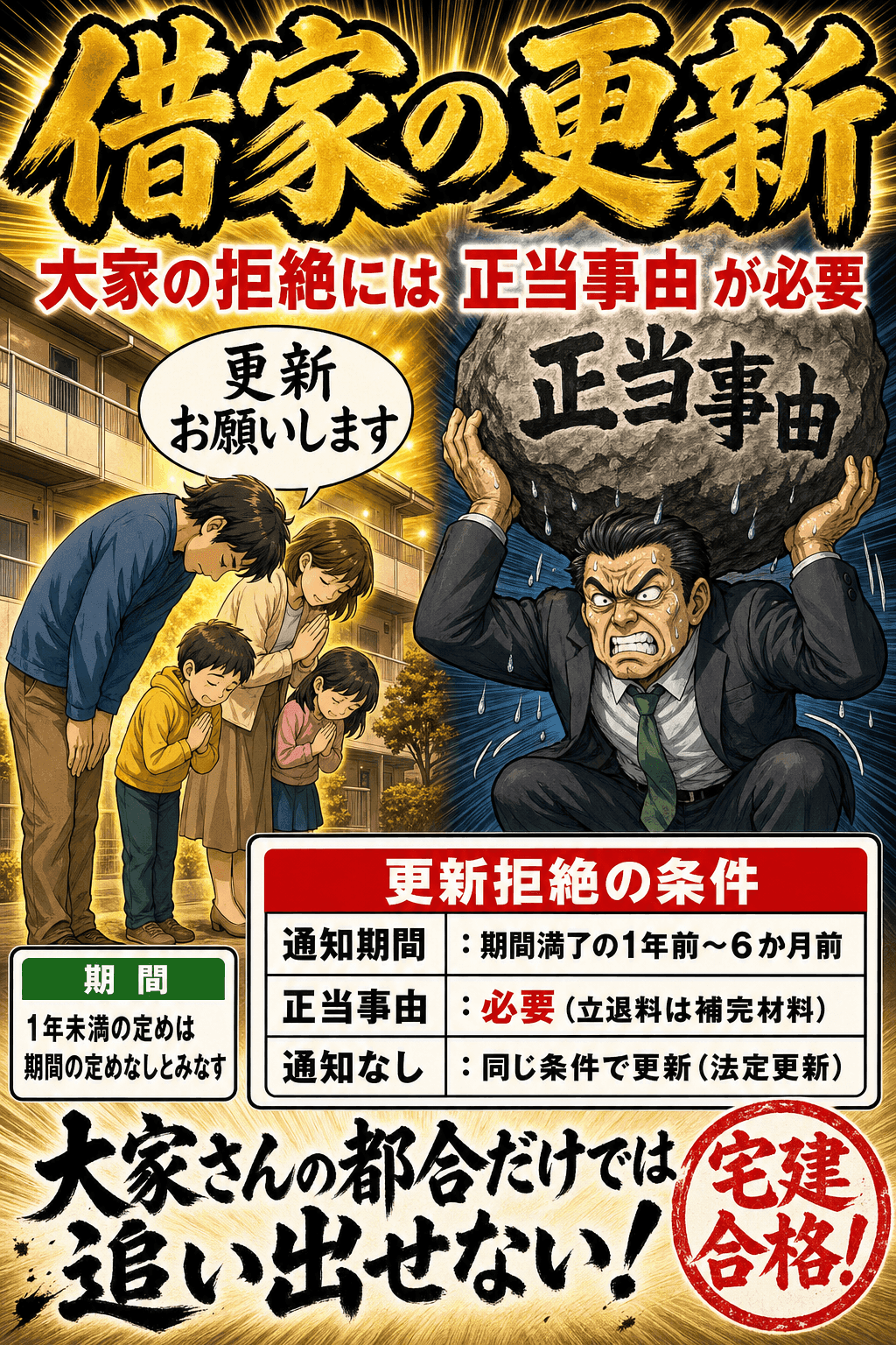 借家契約の更新拒絶に必要な通知期間と正当事由を整理した暗記画像