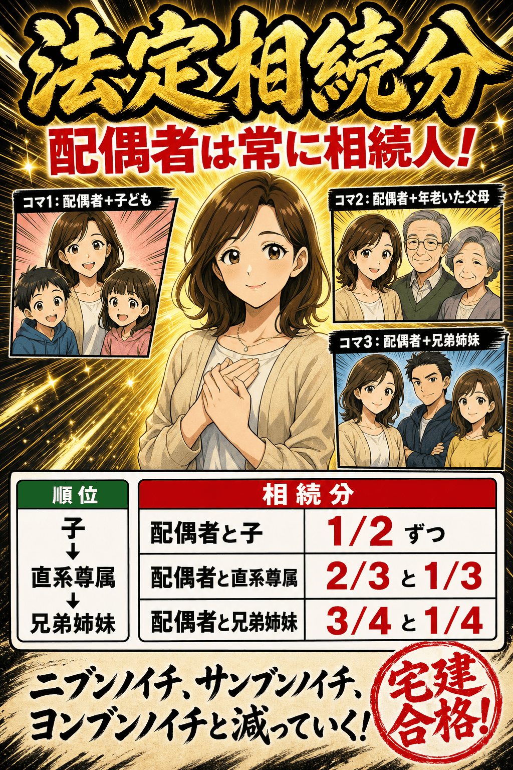 法定相続分の割合と相続の順位を整理した暗記画像