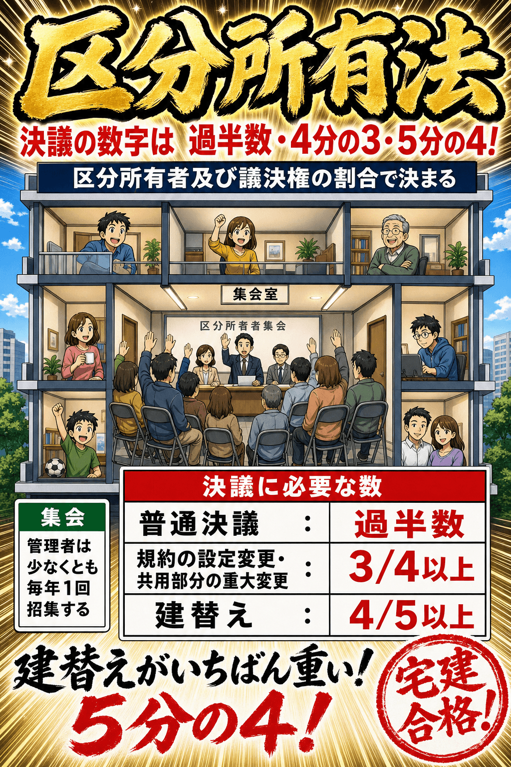区分所有法の決議に必要な多数決の割合を整理した暗記画像