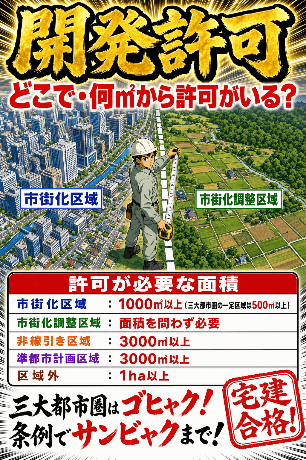 開発許可が必要になる面積を区域ごとに整理した暗記画像